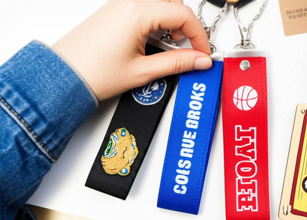 Fabric and embroidered keyring options