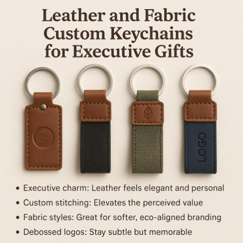 Leather and Fabric custom keychains for executive gifts