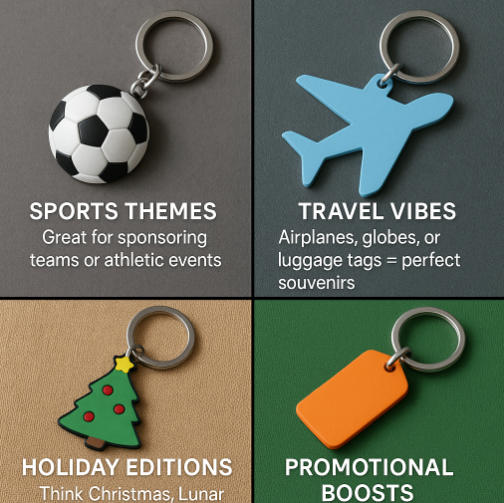 Theme-based runs: Sports, Travel, Holiday custom keychains